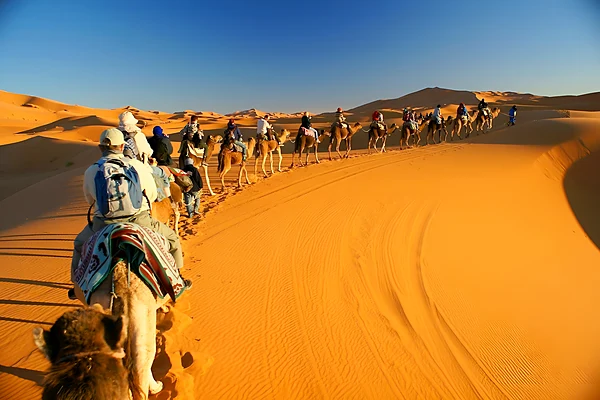Caravana de dromedarios en las dunas del Erg Chebbi
