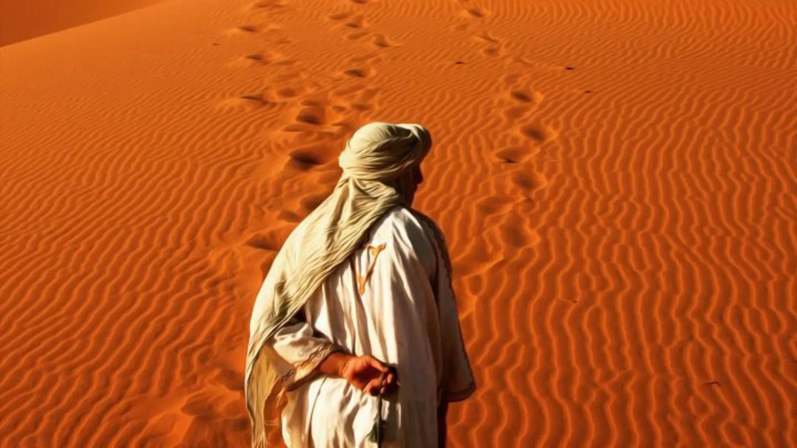 Viajero con turbante del desierto frente a las dunas anaranjadas del Sáhara