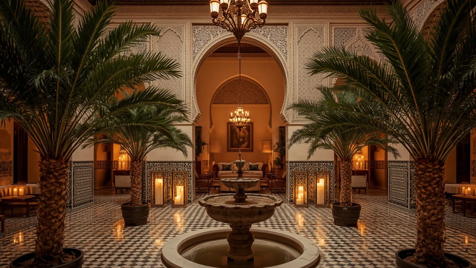 Patio de riad con palmeras, fuente y farolillos al caer el día