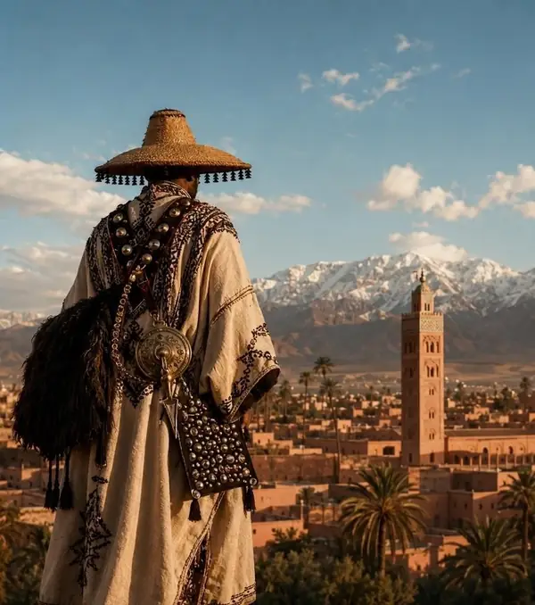 Viajero con atuendo tradicional frente a los tejados de Marrakech y el Atlas