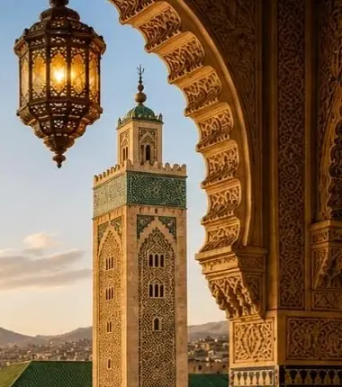 Minarete de la medina de Fez visto bajo un arco tallado