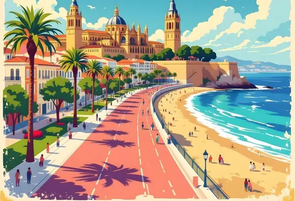 Cartel ilustrado del paseo marítimo de Málaga