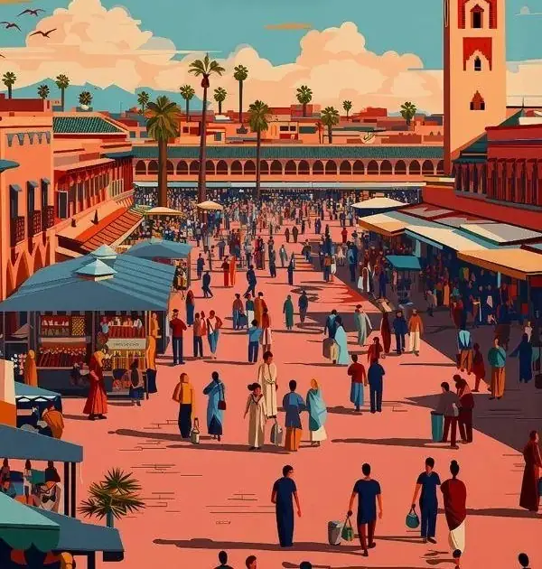 Cartel ilustrado de la plaza Jemaa el-Fna, Marrakech