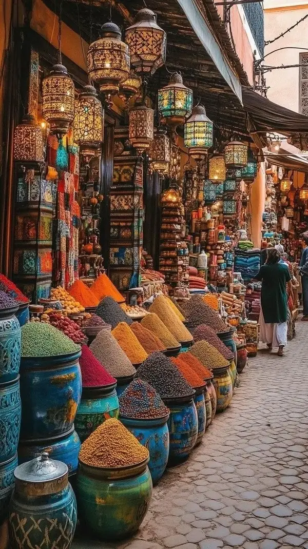 Puestos de especias de colores en un zoco