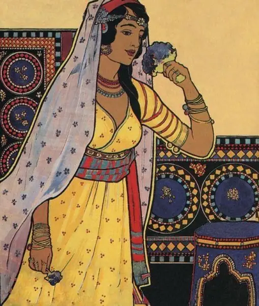 Cartel ilustrado de una mujer con traje tradicional, Tánger